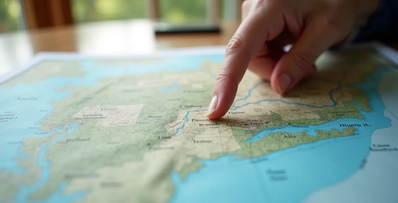 Vue photo réaliste d'une carte topographique ouverte sur une table avec une main pointant une zone à risque