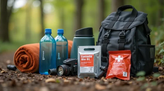 Photo réaliste d'un kit de survie 72h en extérieur, contenant eau, lampe, trousse de secours, devant un fond naturel épuré avec espace négatif