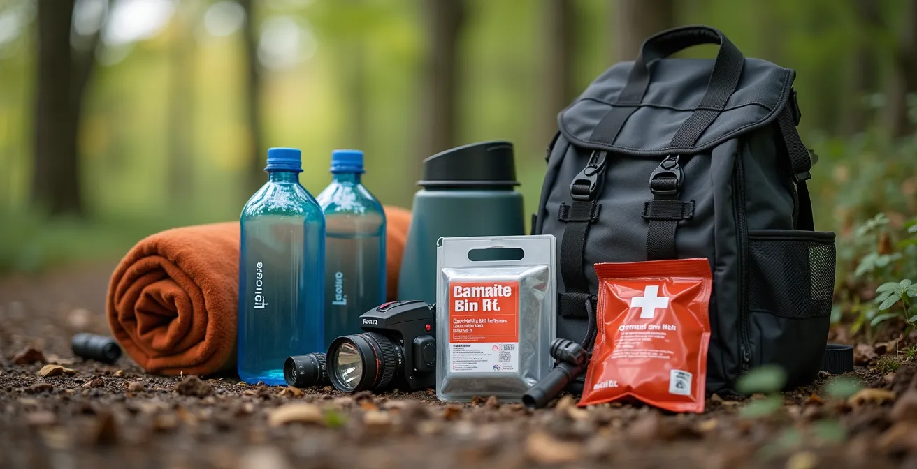 Photo réaliste d'un kit de survie 72h en extérieur, contenant eau, lampe, trousse de secours, devant un fond naturel épuré avec espace négatif