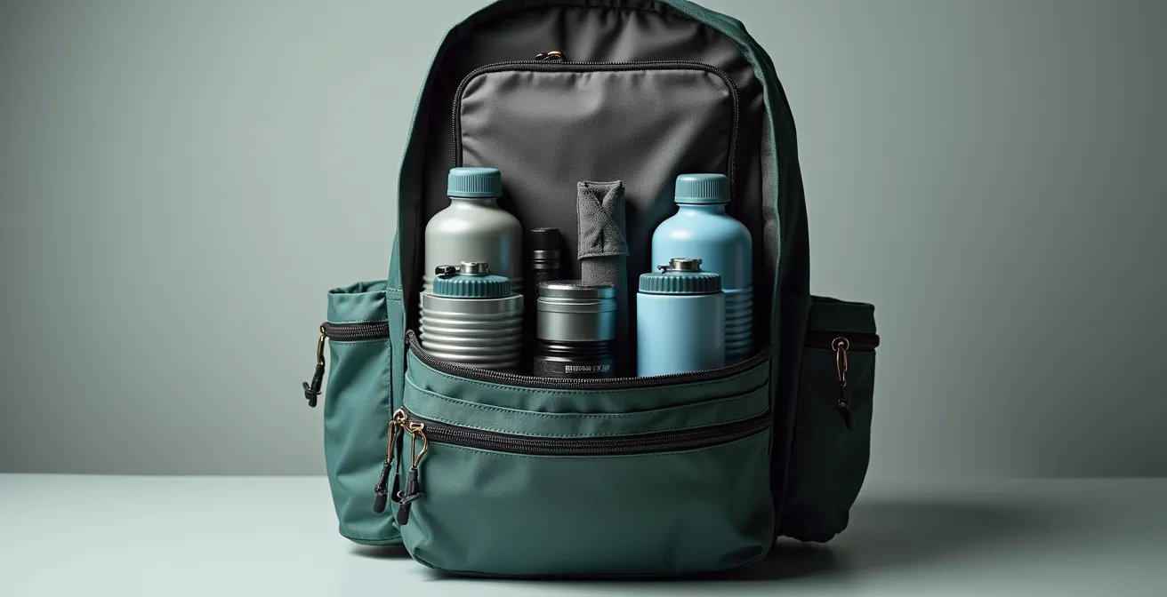 Sac d'évacuation ouvert avec organisation en couches visibles distinctes, objets indispensables bien rangés