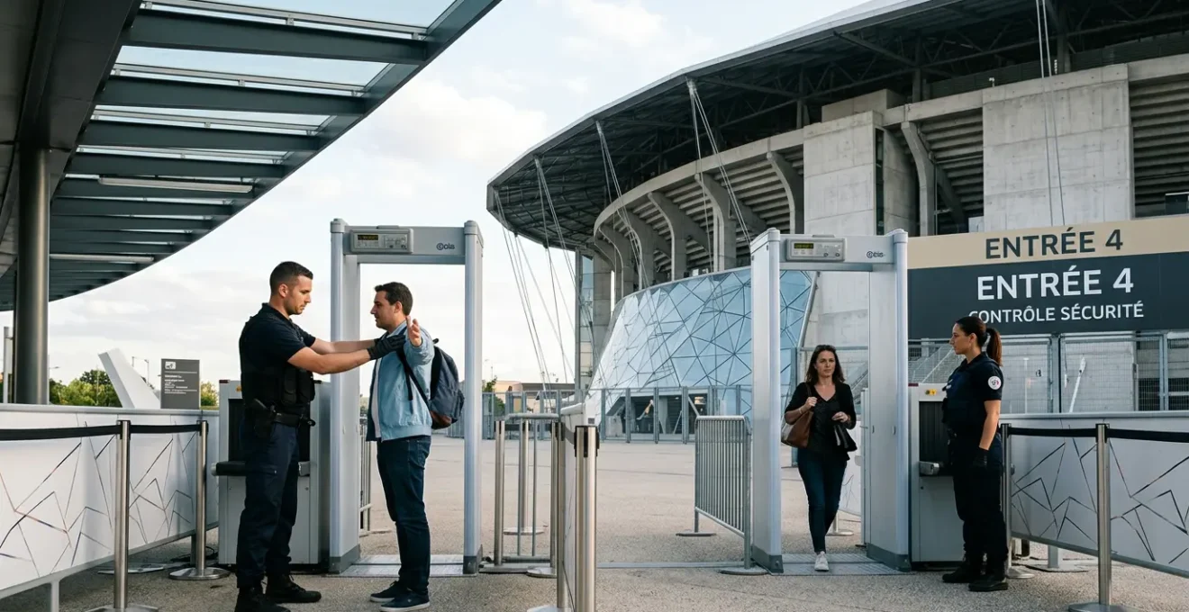 Agent de sécurité effectuant un contrôle d'accès professionnel à l'entrée d'un stade en France