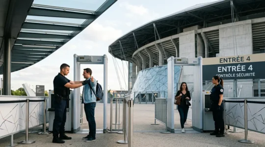 Agent de sécurité effectuant un contrôle d'accès professionnel à l'entrée d'un stade en France