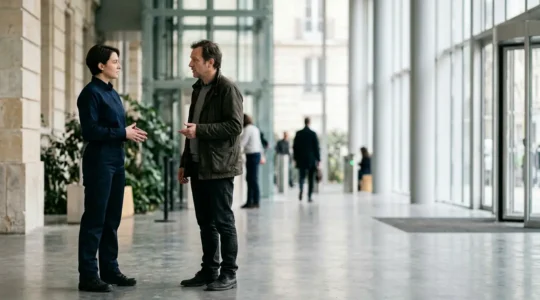 Agent de sécurité en discussion calme et professionnelle à un poste d'accueil