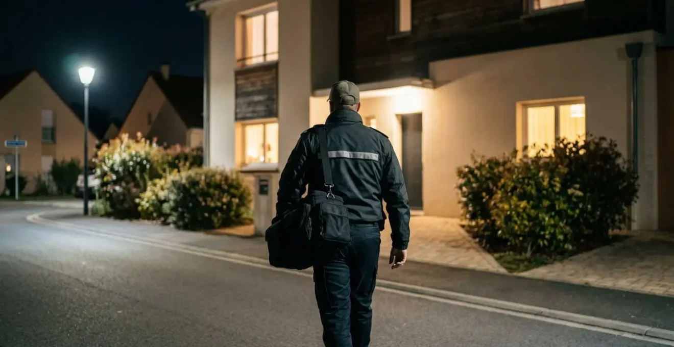 Agent de sécurité professionnel intervenant de nuit devant une maison française