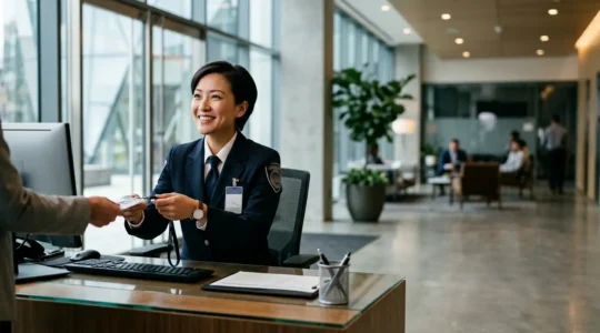 Agent de sécurité professionnel en poste d'accueil dans un hall d'entreprise moderne