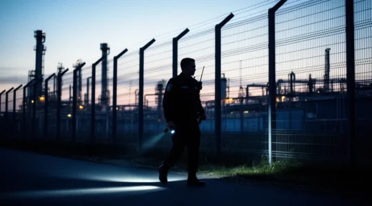 Agent de sécurité effectuant une ronde nocturne dans un site industriel français avec équipement de pointage électronique