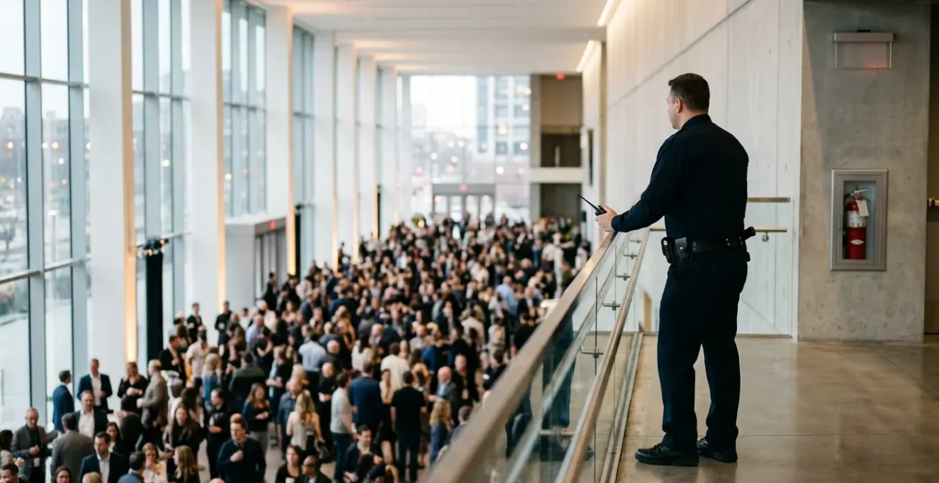 Agent de sécurité incendie surveillant un événement de 300 personnes dans une salle moderne