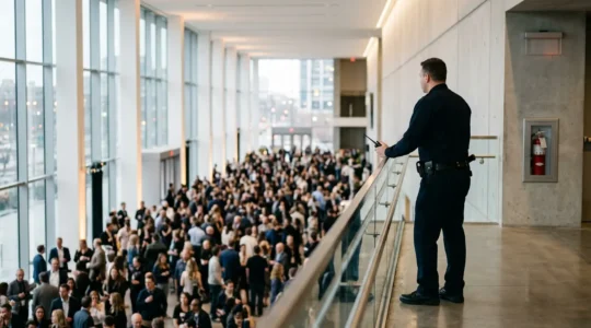 Agent de sécurité incendie surveillant un événement de 300 personnes dans une salle moderne