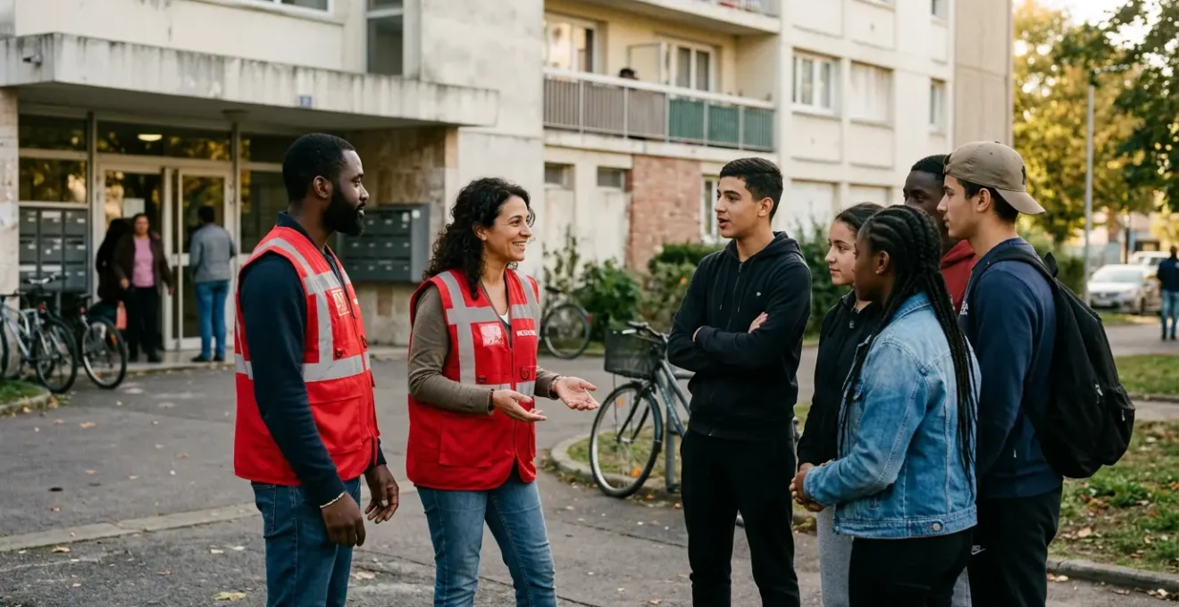 Agents de médiation en tenue rouge échangeant avec des jeunes devant un immeuble d'habitat social en France