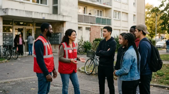 Agents de médiation en tenue rouge échangeant avec des jeunes devant un immeuble d'habitat social en France