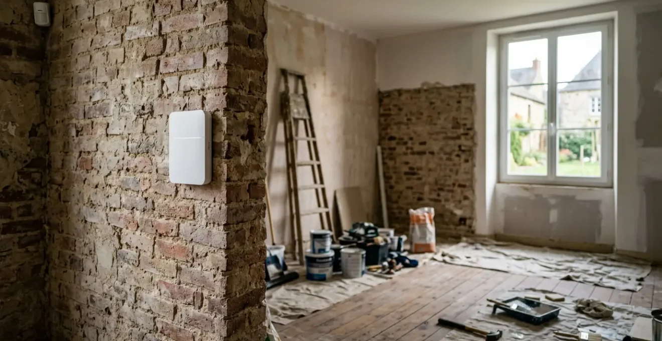 Installation d'une alarme sans fil dans une maison en rénovation, détecteur de mouvement visible au mur