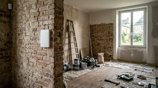 Installation d'une alarme sans fil dans une maison en rénovation, détecteur de mouvement visible au mur