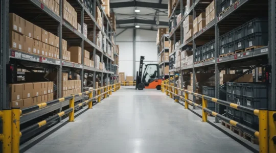 Allée d'entrepôt logistique équipée d'arceaux de protection jaune et noir au pied des rayonnages