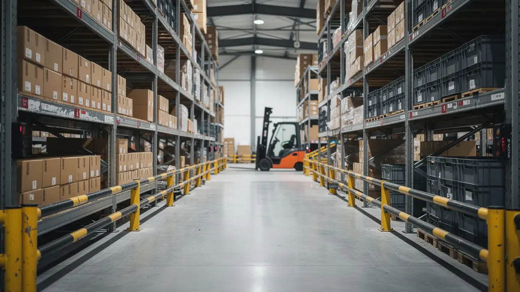 Allée d'entrepôt logistique équipée d'arceaux de protection jaune et noir au pied des rayonnages