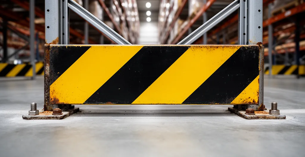 Arceau de protection jaune et noir installé au pied d'un rayonnage d'entrepôt