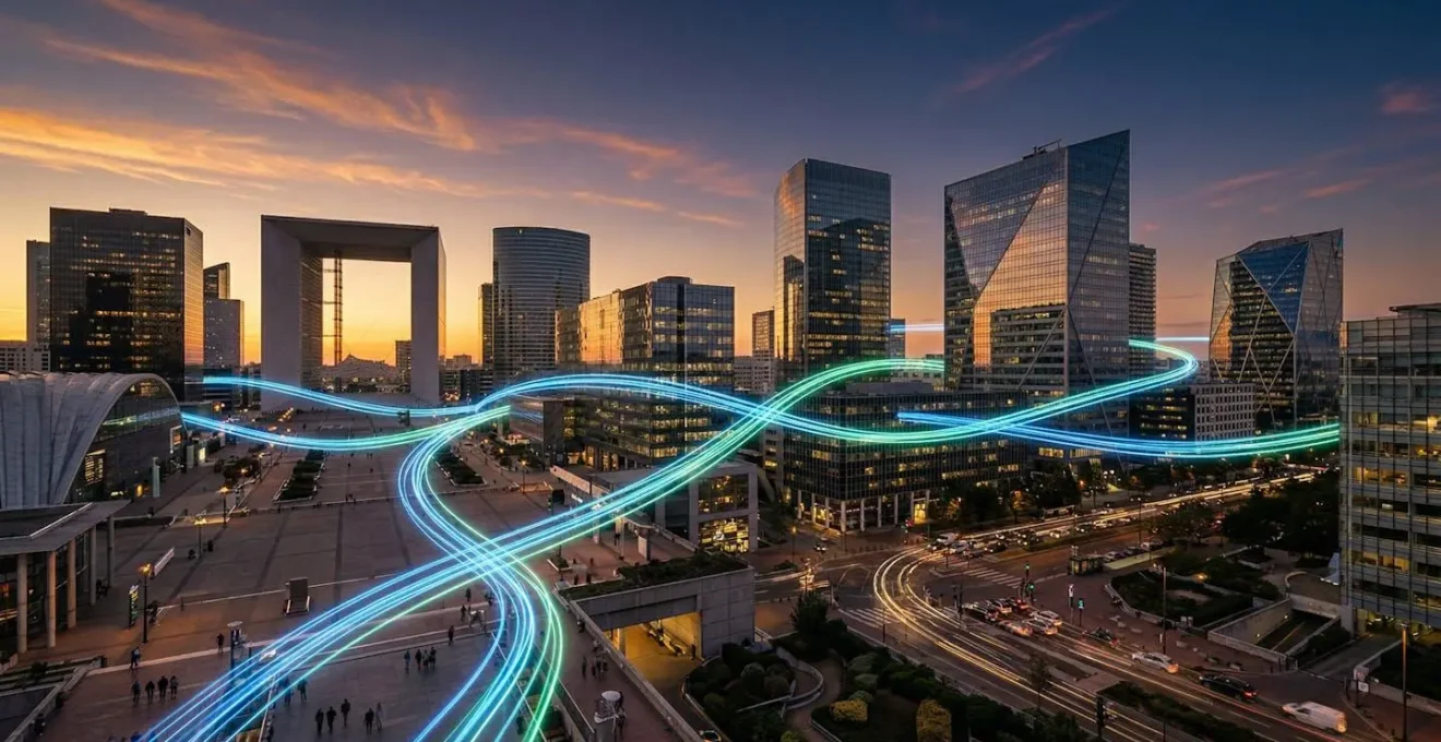 Vue aérienne d'interconnexions réseau entre sites d'entreprise avec flux sécurisés