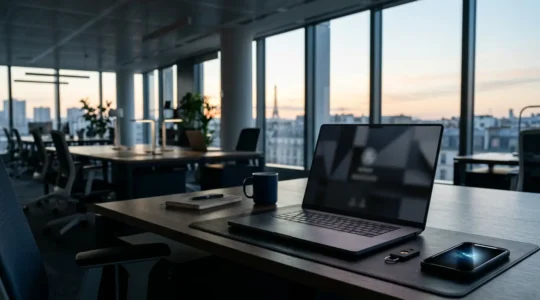 Scène de bureau moderne montrant un professionnel utilisant plusieurs facteurs d'authentification pour accéder à son système informatique