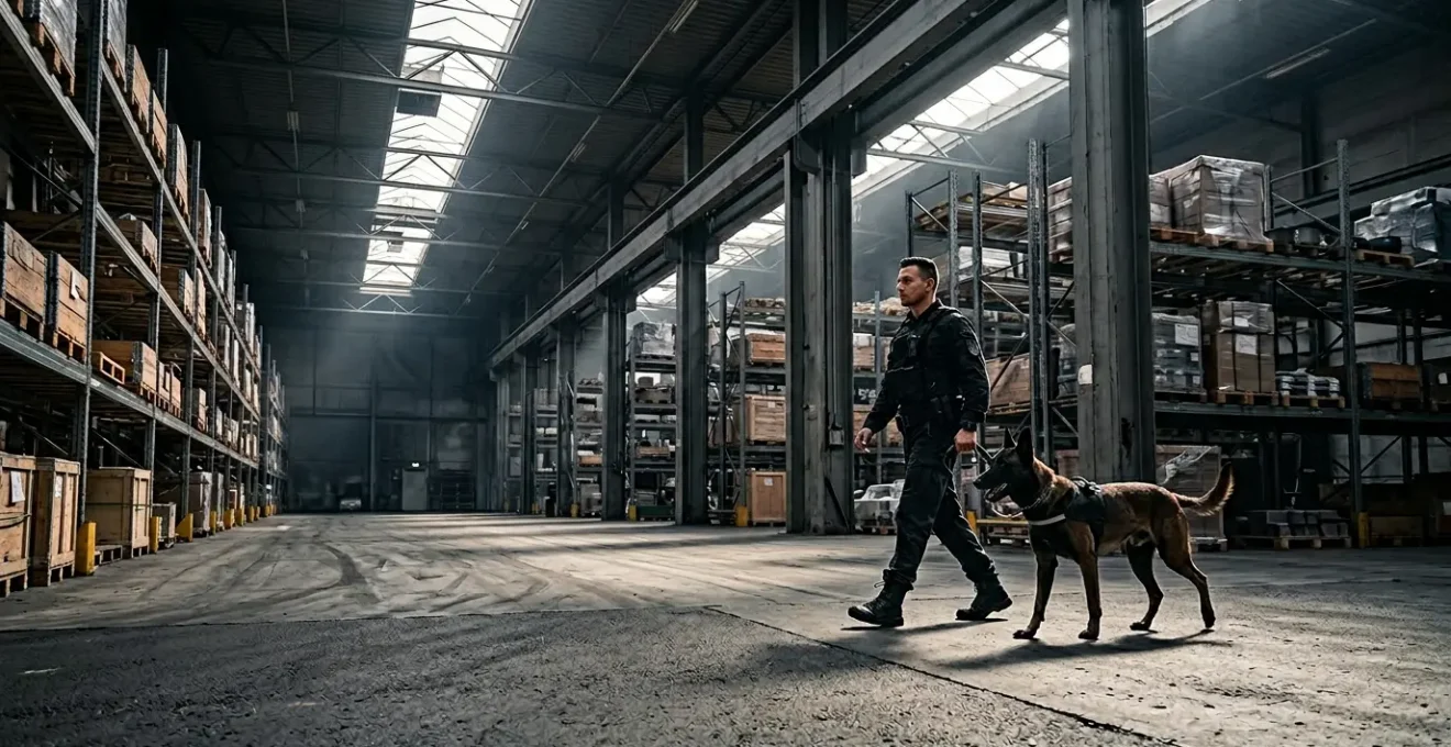 Agent de sécurité cynophile et son berger malinois patrouillant dans un vaste entrepôt industriel