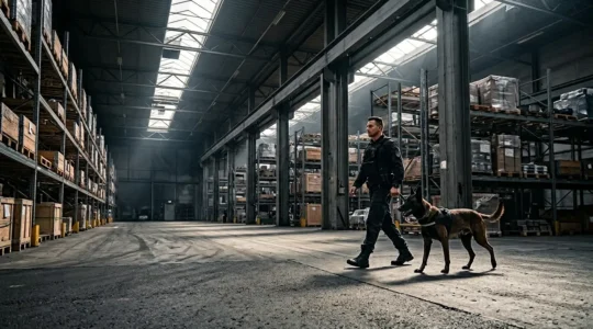 Agent de sécurité cynophile et son berger malinois patrouillant dans un vaste entrepôt industriel