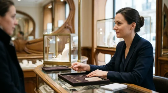 Intérieur d'une bijouterie française avec employé calme activant discrètement un système de sécurité