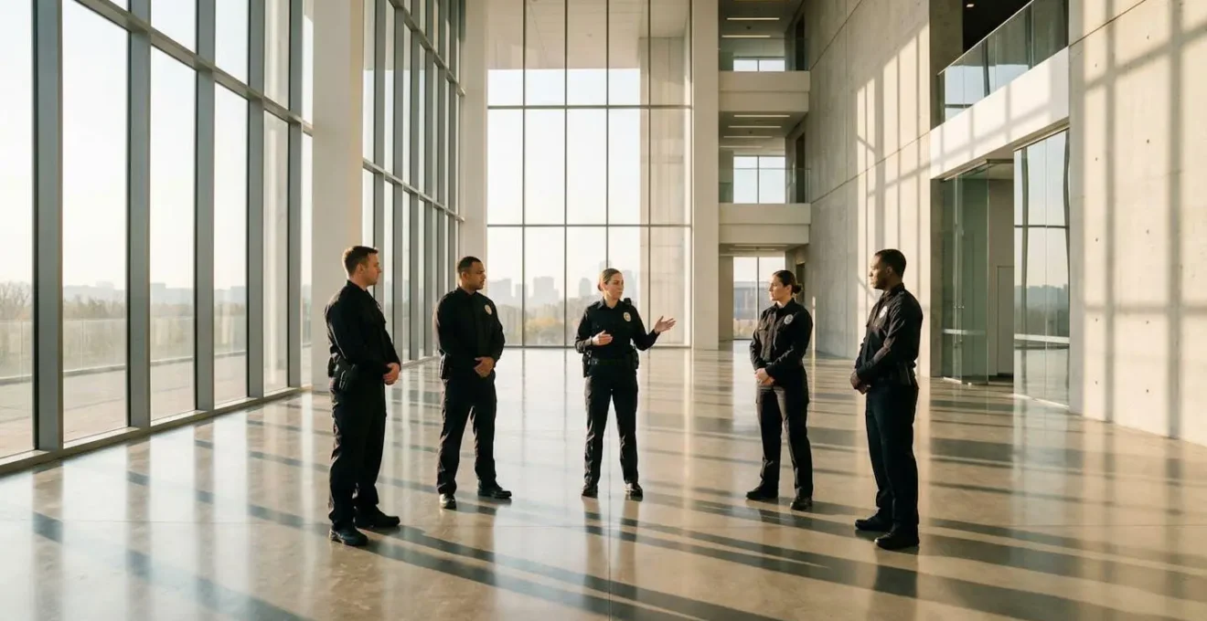 Briefing matinal d'une équipe d'agents de sécurité en cercle