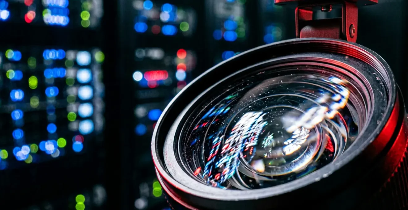 Vue macro d'une caméra de surveillance connectée avec effets de lumière évoquant une intrusion réseau