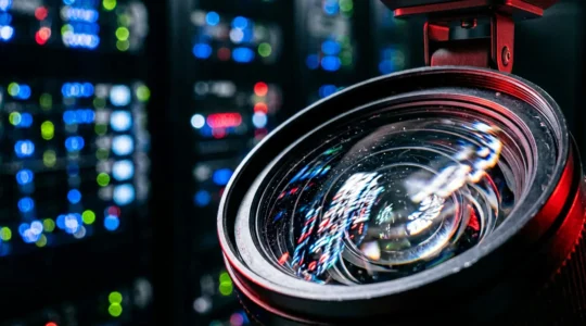 Vue macro d'une caméra de surveillance connectée avec effets de lumière évoquant une intrusion réseau