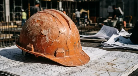 Gros plan sur un casque de chantier fissuré montrant les signes de vieillissement UV avec un effet dramatique d'ombre et de lumière