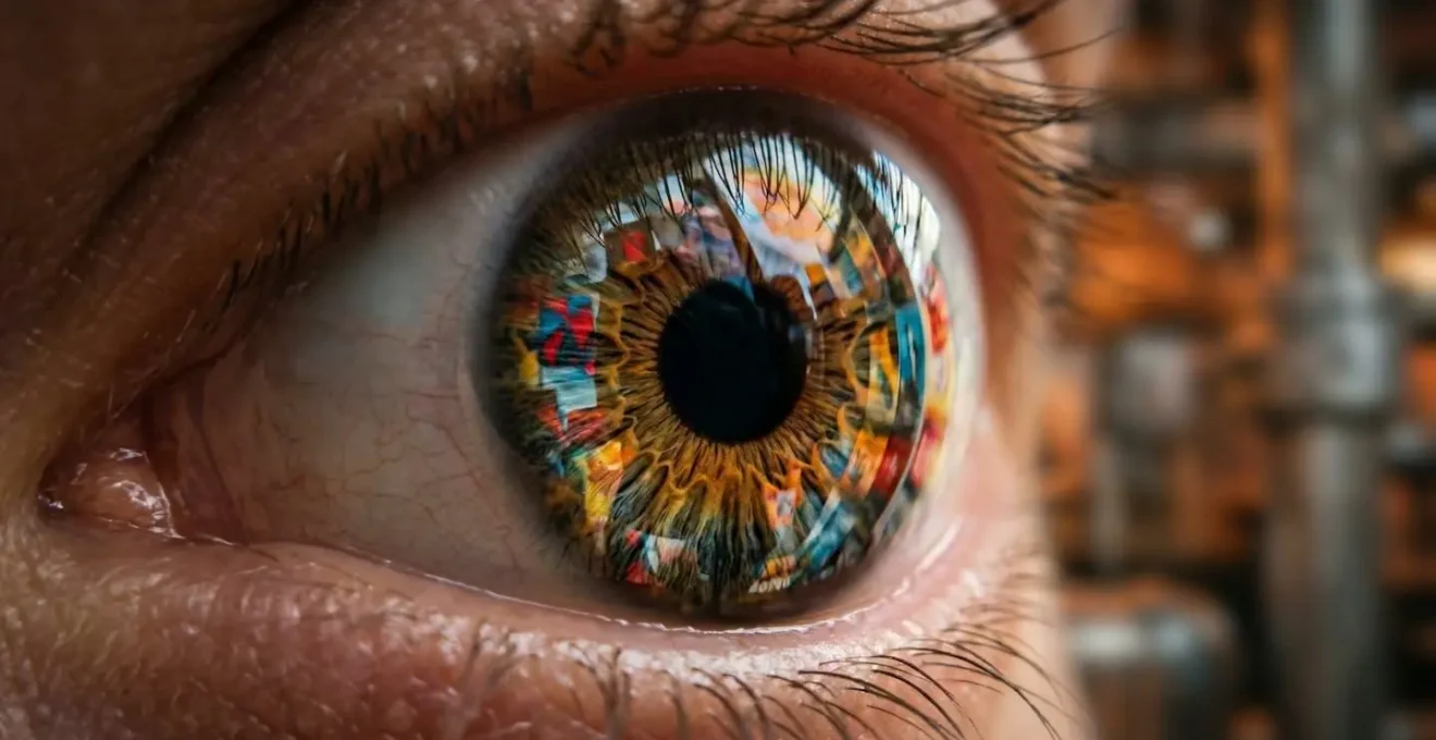 Macro sur un regard humain reflétant une multitude d'affiches de sécurité floues