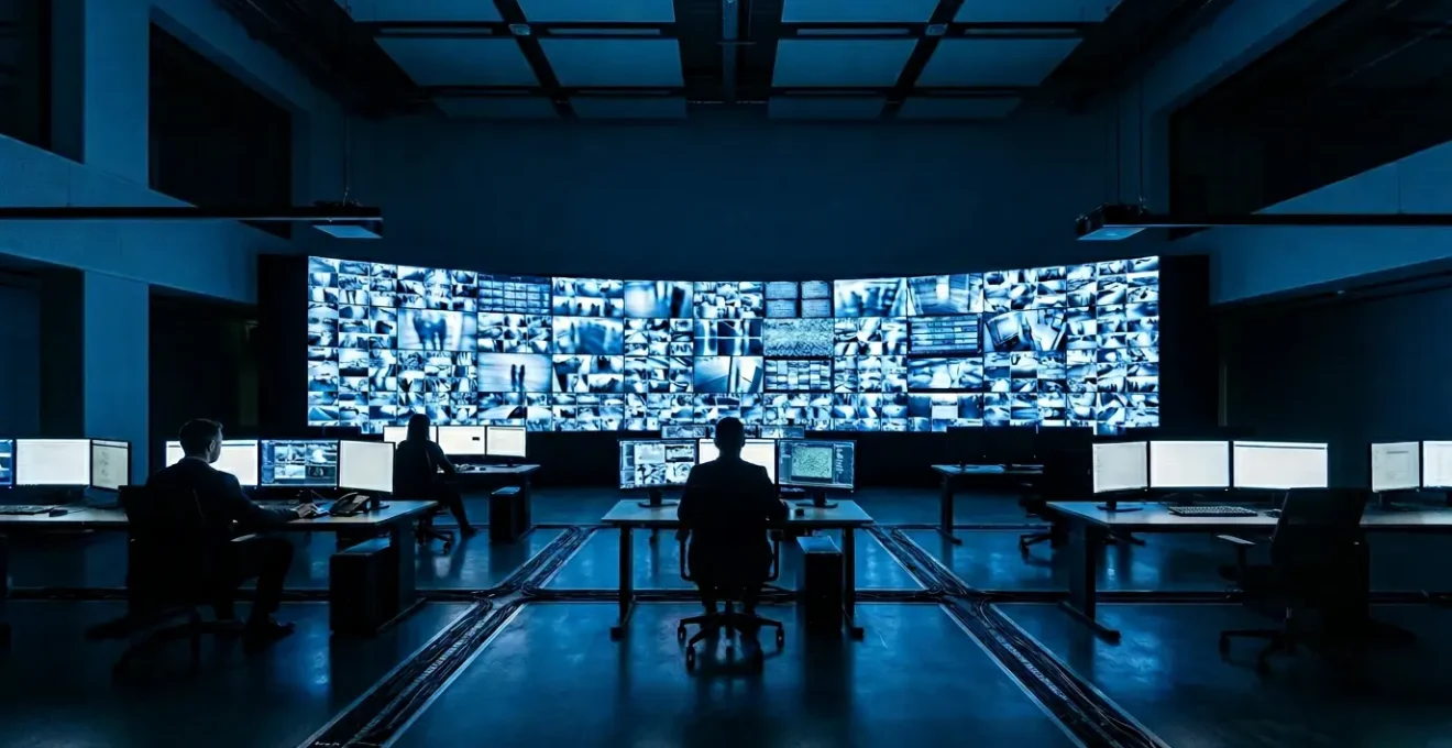 Centre de télésurveillance professionnel avec opérateurs surveillant plusieurs écrans de contrôle en temps réel