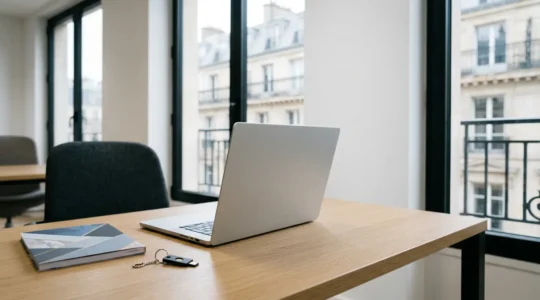 Environnement de bureau professionnel français moderne avec ordinateur portable et éléments de sécurité informatique