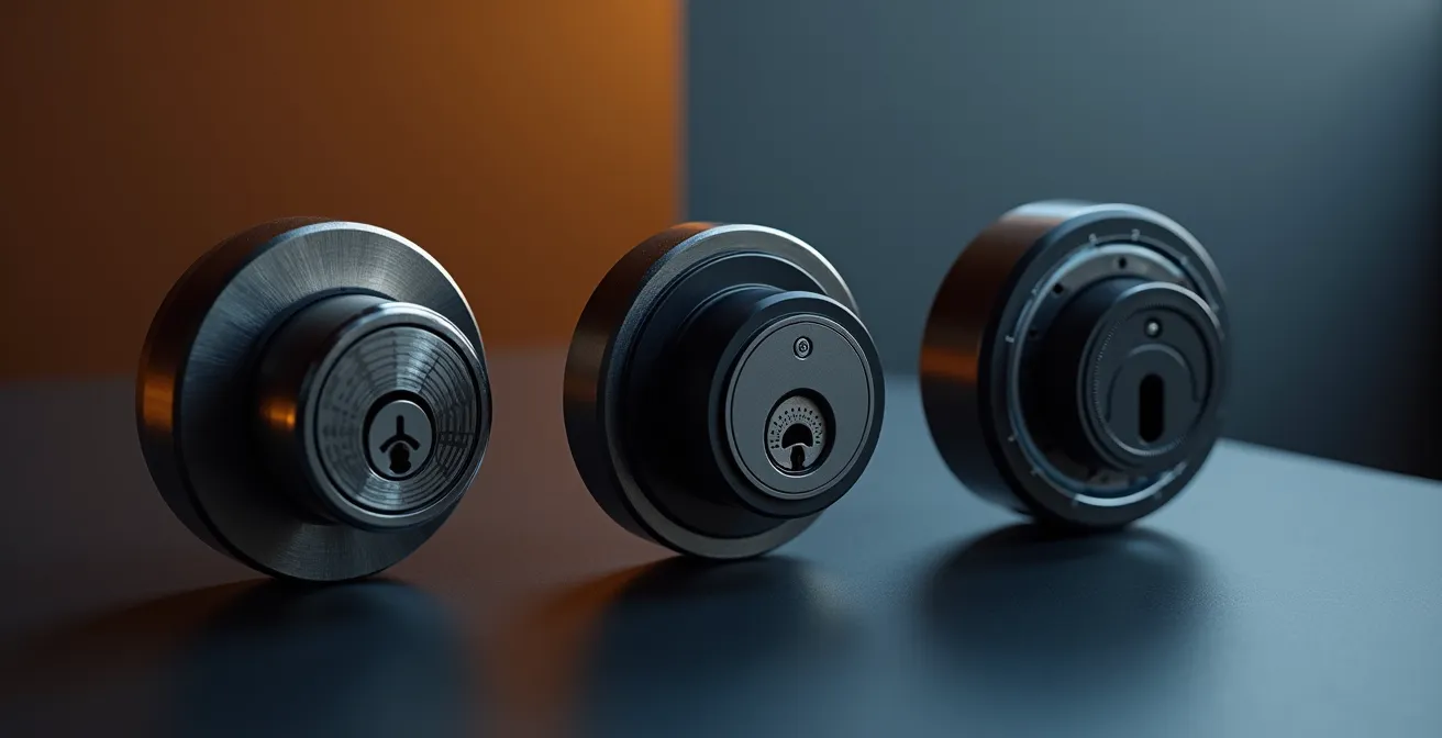 Métaphore visuelle comparant trois approches de sécurité pour PME via un cadenas mécanique, une serrure hybride et un accès cloud.