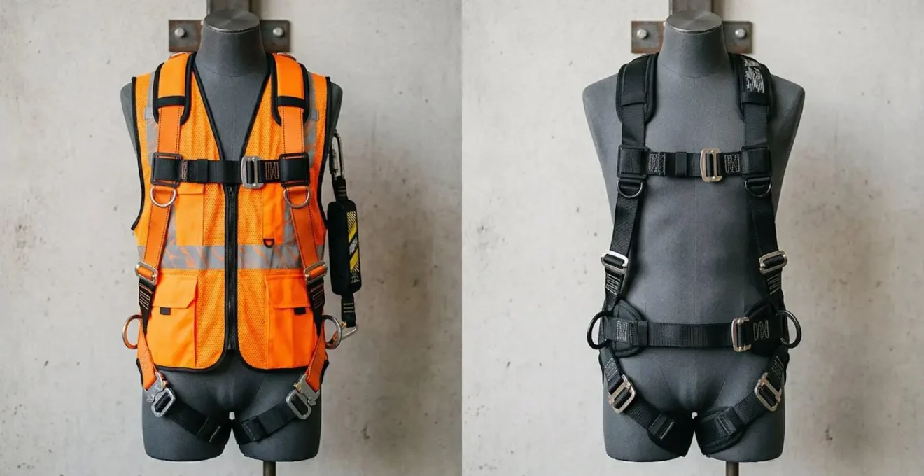 Comparaison visuelle entre un harnais-veste haute visibilité et un harnais à sangles classique pour interventions d'urgence