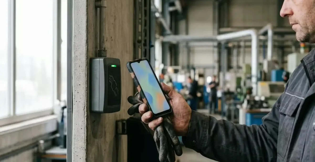 Système moderne de contrôle d'accès par smartphone NFC en environnement industriel