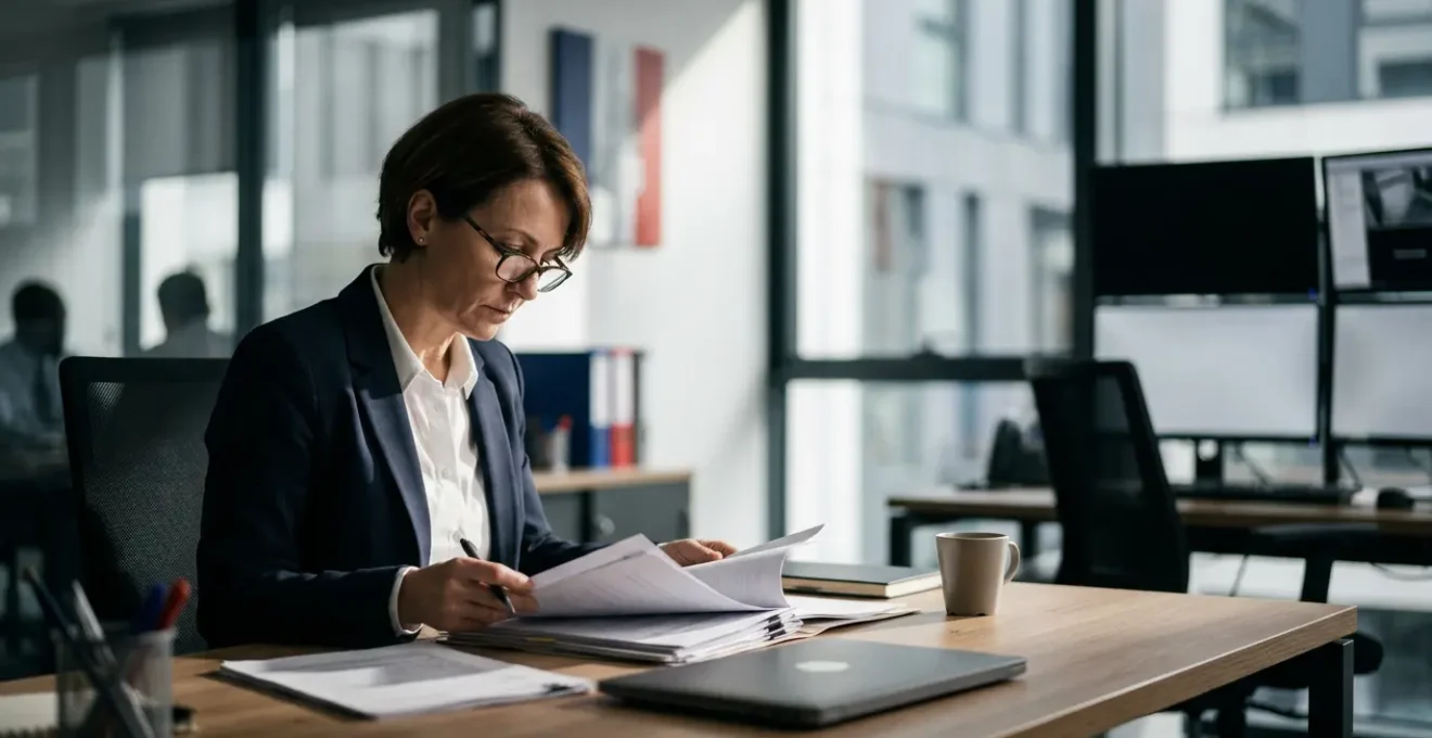 Agent CNAPS vérifiant les documents d'une société de gardiennage dans un environnement professionnel français