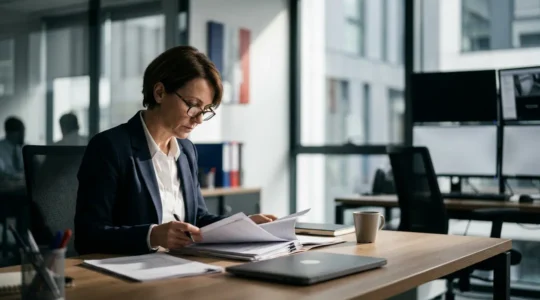 Agent CNAPS vérifiant les documents d'une société de gardiennage dans un environnement professionnel français