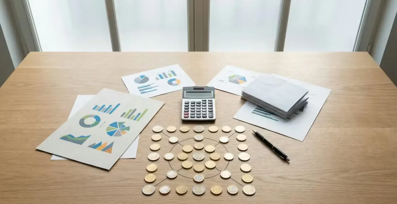 Vue aérienne minimaliste d'un bureau avec calculatrice et documents financiers abstraits