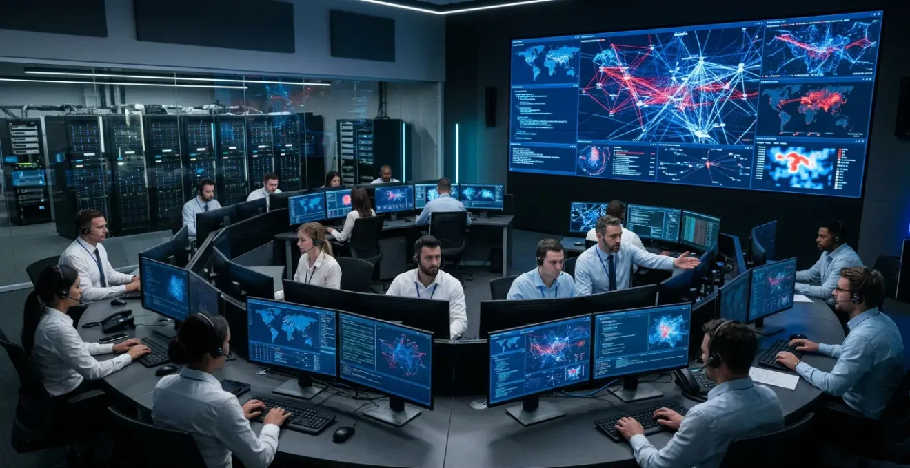Centre de commande de cybersécurité pendant une intervention d'urgence avec écrans de monitoring et équipe technique
