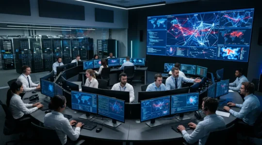 Centre de commande de cybersécurité pendant une intervention d'urgence avec écrans de monitoring et équipe technique
