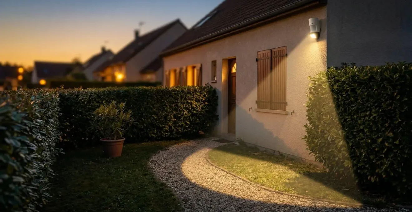 Détecteur de mouvement extérieur installé sur façade de maison avec jardin