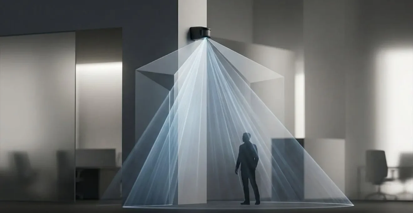 Vue latérale d'un détecteur installé à 2m30 montrant l'angle de détection et la zone de couverture optimale