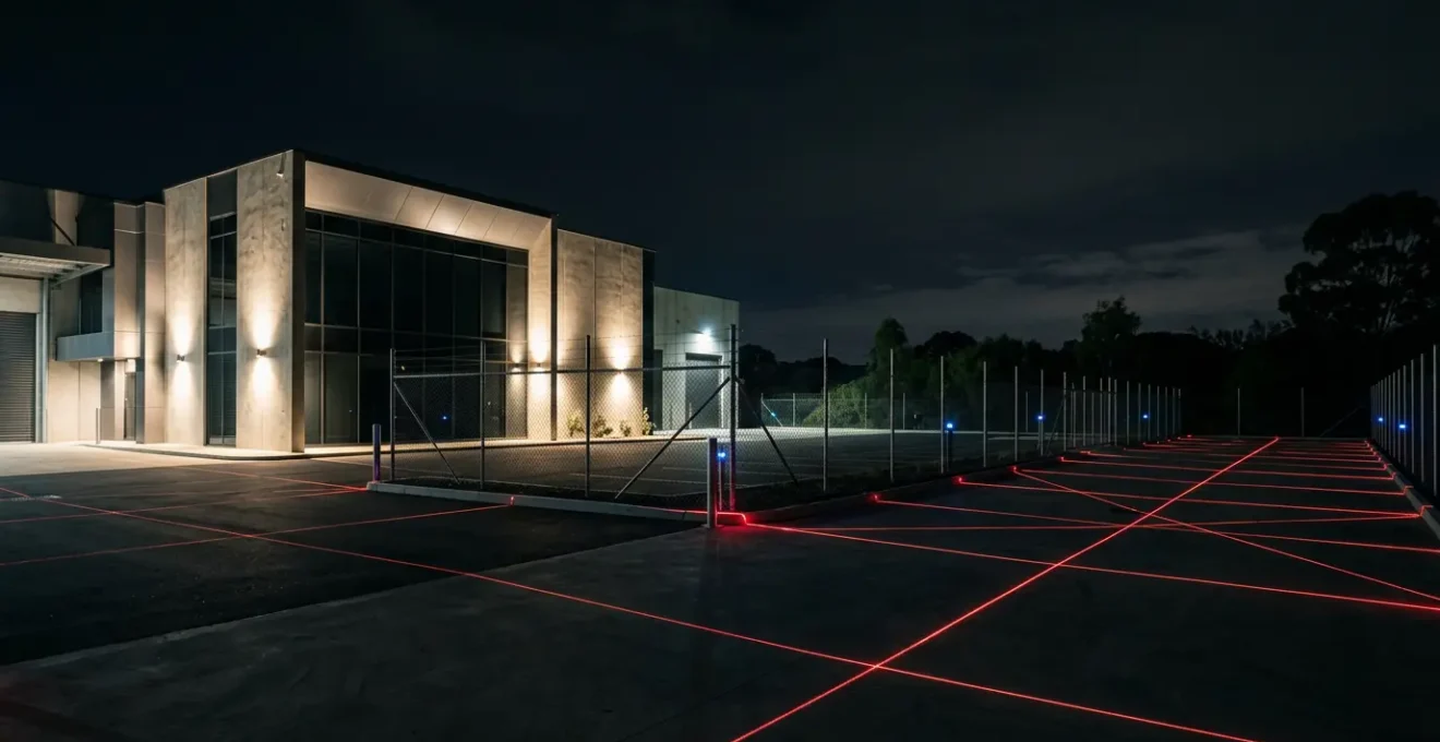 Système de détection périmétrique actif autour d'un bâtiment industriel la nuit avec faisceaux laser visibles