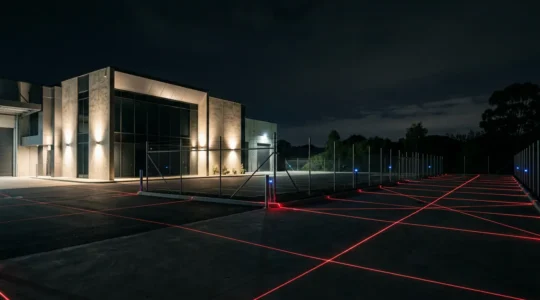 Système de détection périmétrique actif autour d'un bâtiment industriel la nuit avec faisceaux laser visibles