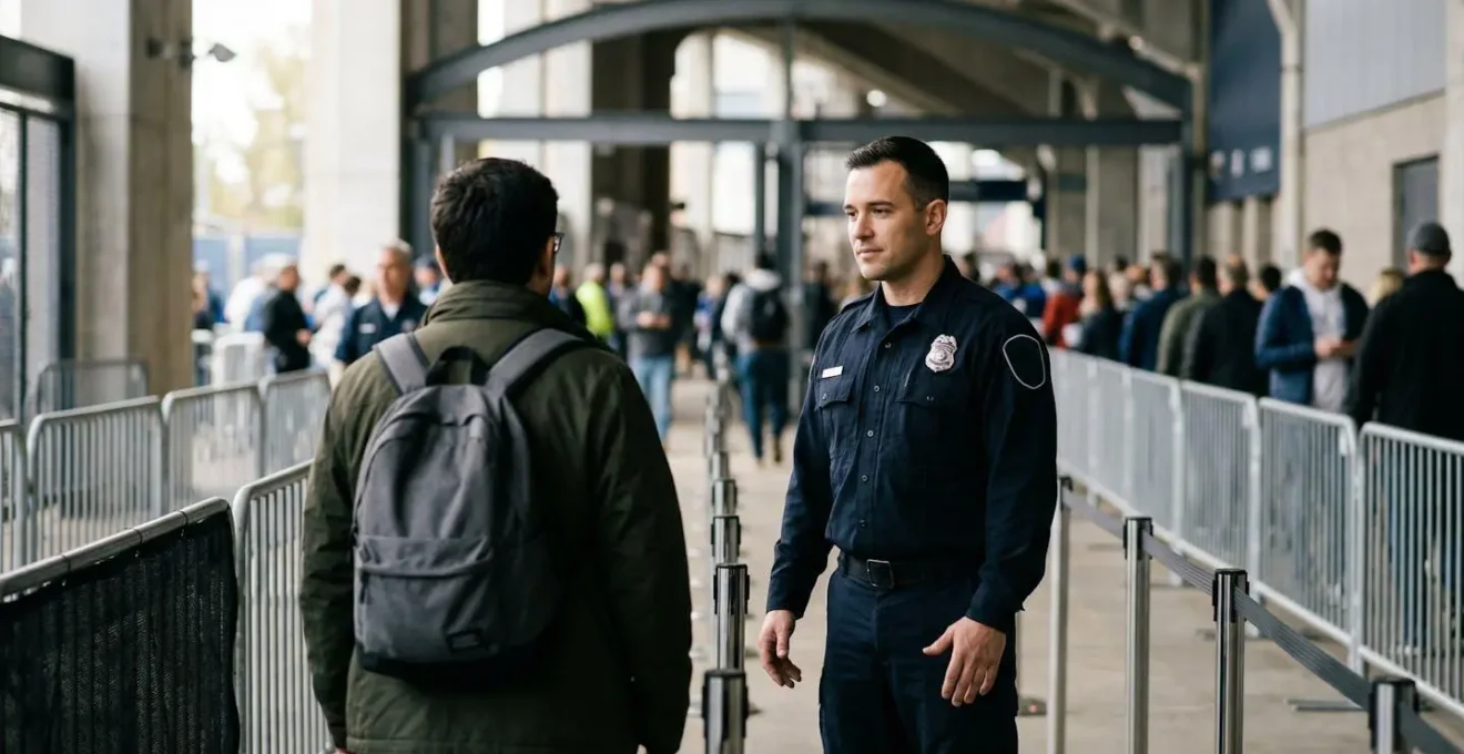 Agent de sécurité en posture professionnelle de dialogue face à un refus