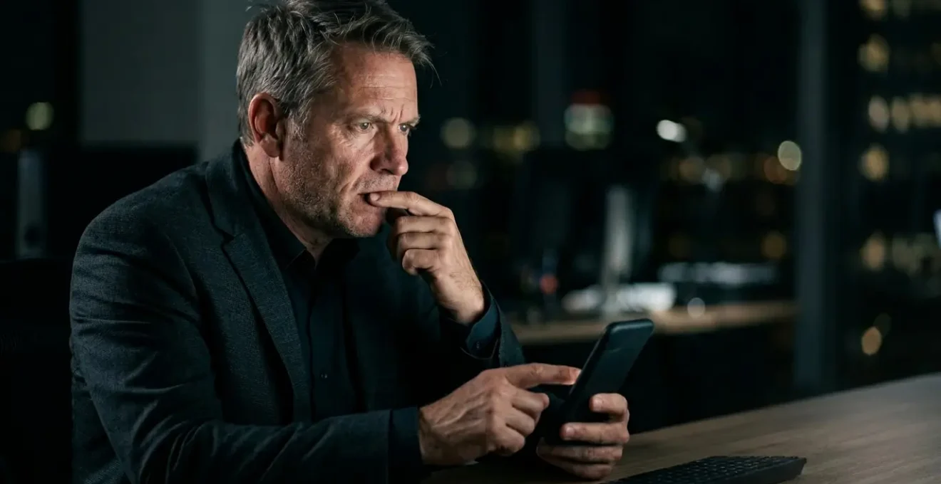 Dirigeant de PME face à un écran de bureau éteint, visage concentré reflétant l'urgence d'une cyberattaque