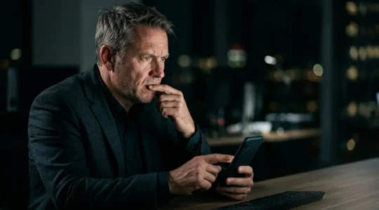 Dirigeant de PME face à un écran de bureau éteint, visage concentré reflétant l'urgence d'une cyberattaque