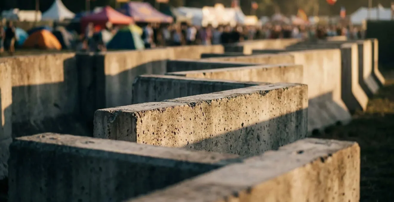 Configuration en chicane de blocs béton créant un parcours sécurisé pour l'accès véhicules