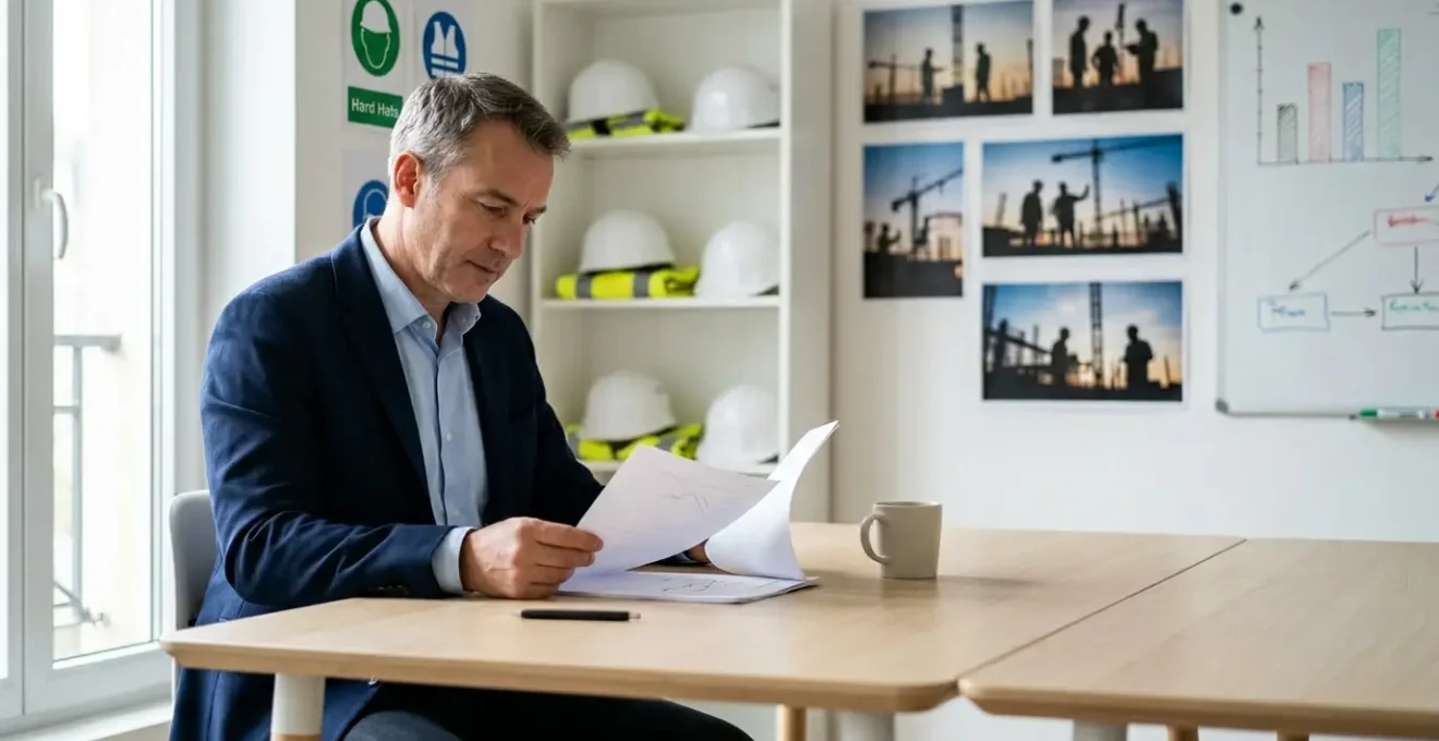 Manager analysant le Document Unique dans un bureau moderne avec des éléments de chantier et de sécurité en arrière-plan