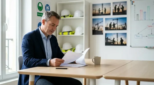 Manager analysant le Document Unique dans un bureau moderne avec des éléments de chantier et de sécurité en arrière-plan