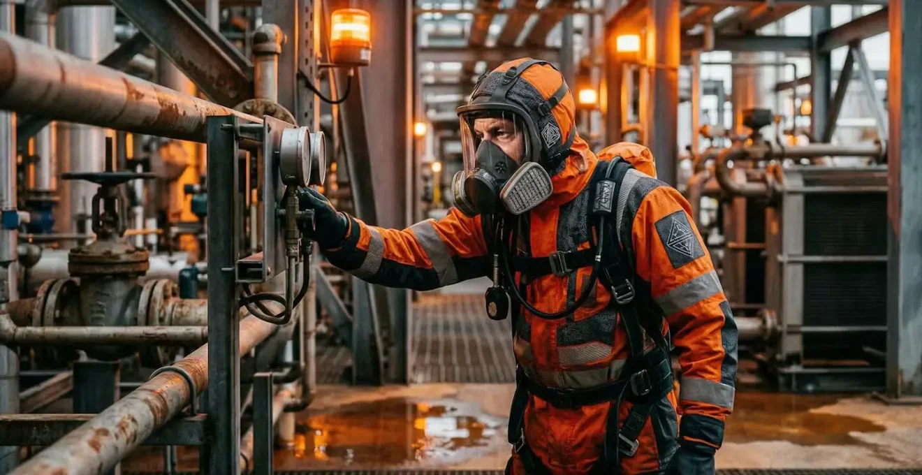 Travailleur en équipement de protection complet catégorie III sur site industriel avec atmosphère dangereuse